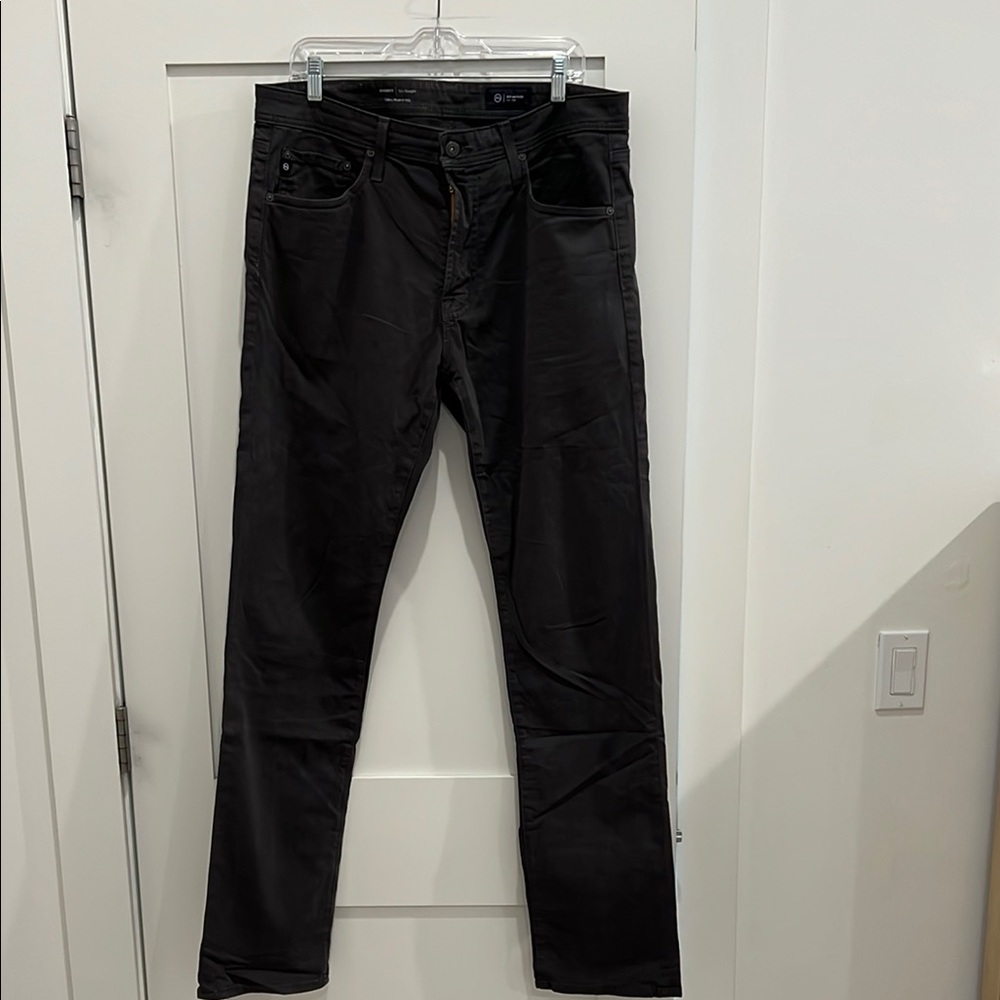 AG Everett Sueded Stretch Sateen slim straight Men's pants in dark grey.